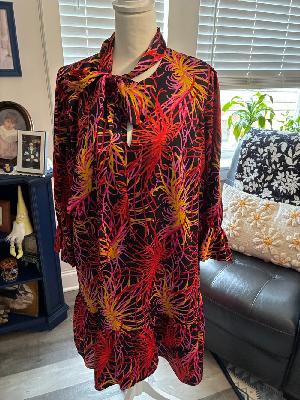 kate spade Black Multicolor Floral Tie-Neck Dress